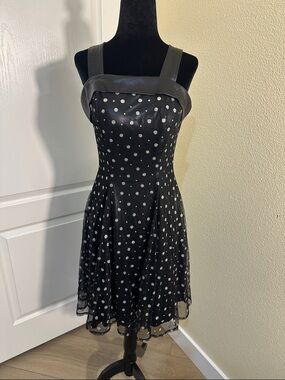 Southeastern Performance Black Dress with silver polka dots & faux leather. 6